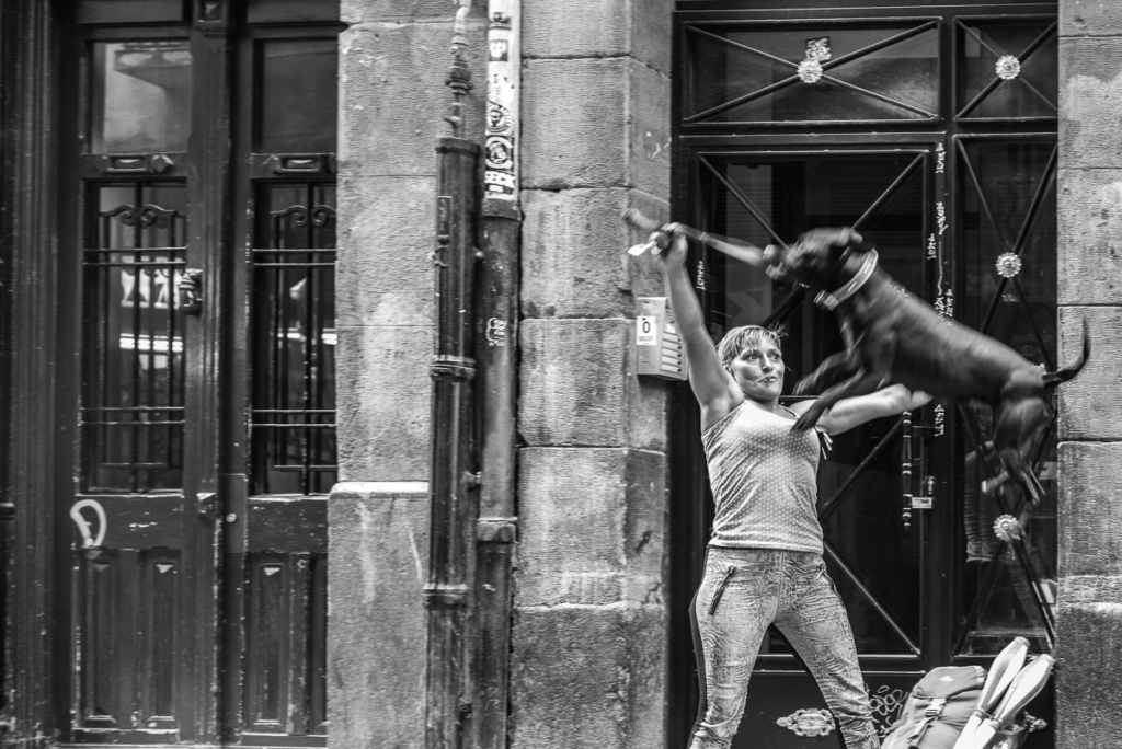 Person mit großem Hund an der Leine vor einer Tür auf der Straße.