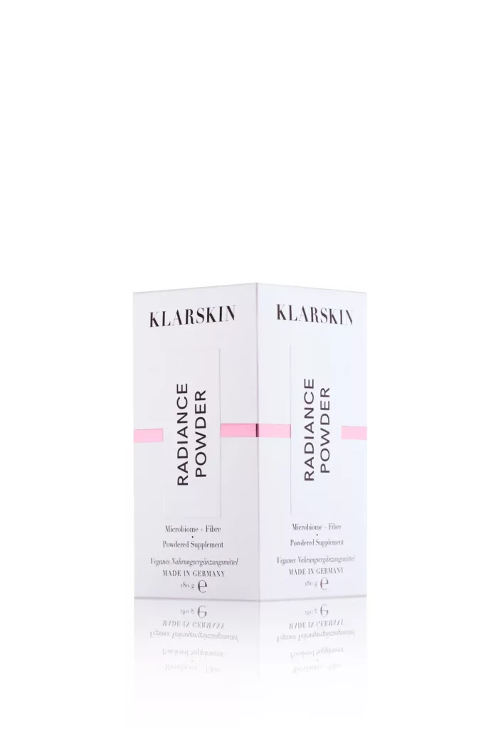 Doppelpacks Klarskin Radiance Powder, veganes Supplement, 180 g, hergestellt in Deutschland.