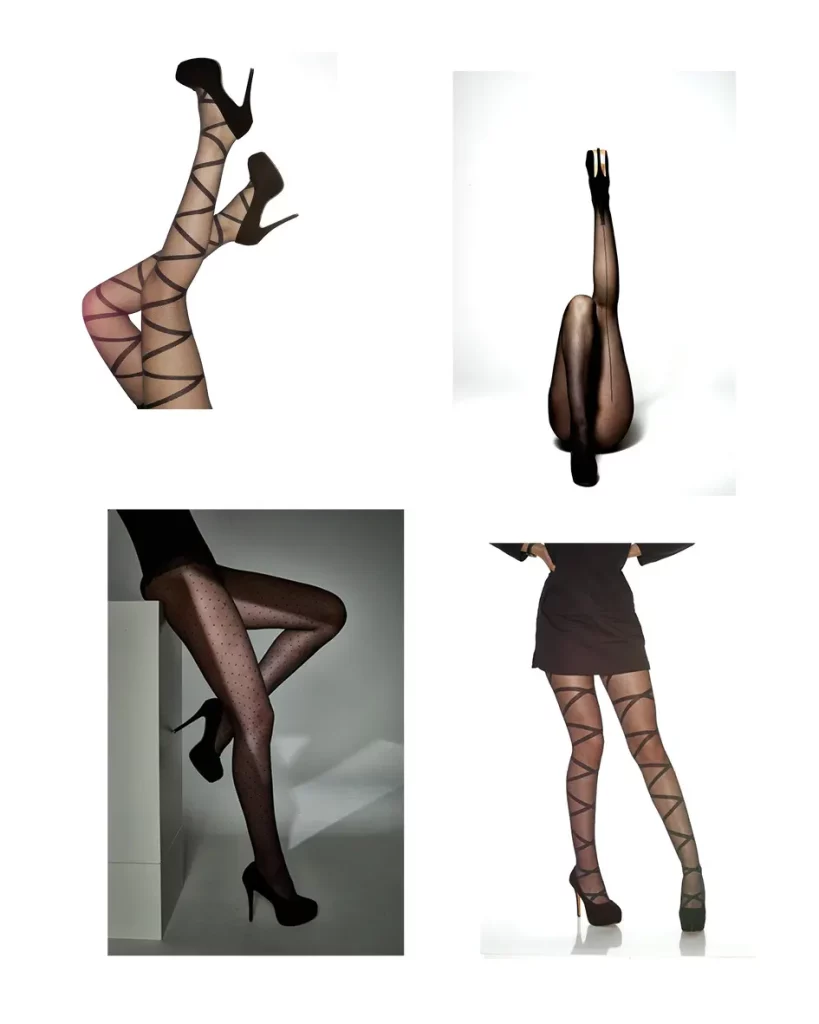 Vier Ansichten von Frauenbeinen in gemusterten Strumpfhosen und schwarzen High Heels.