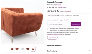 Brauner Sessel Cormac von Corrigan Studio, 499,99 € mit 11 % Rabatt, verfügbar ab 9. Mai 2021.