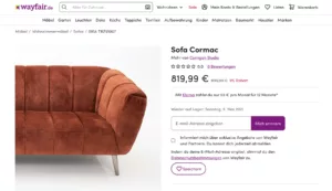 Wayfair.de-Anzeige für rostfarbenes Cormac Sofa von Corrigan Studio, 819,99 €, 9 % Rabatt.