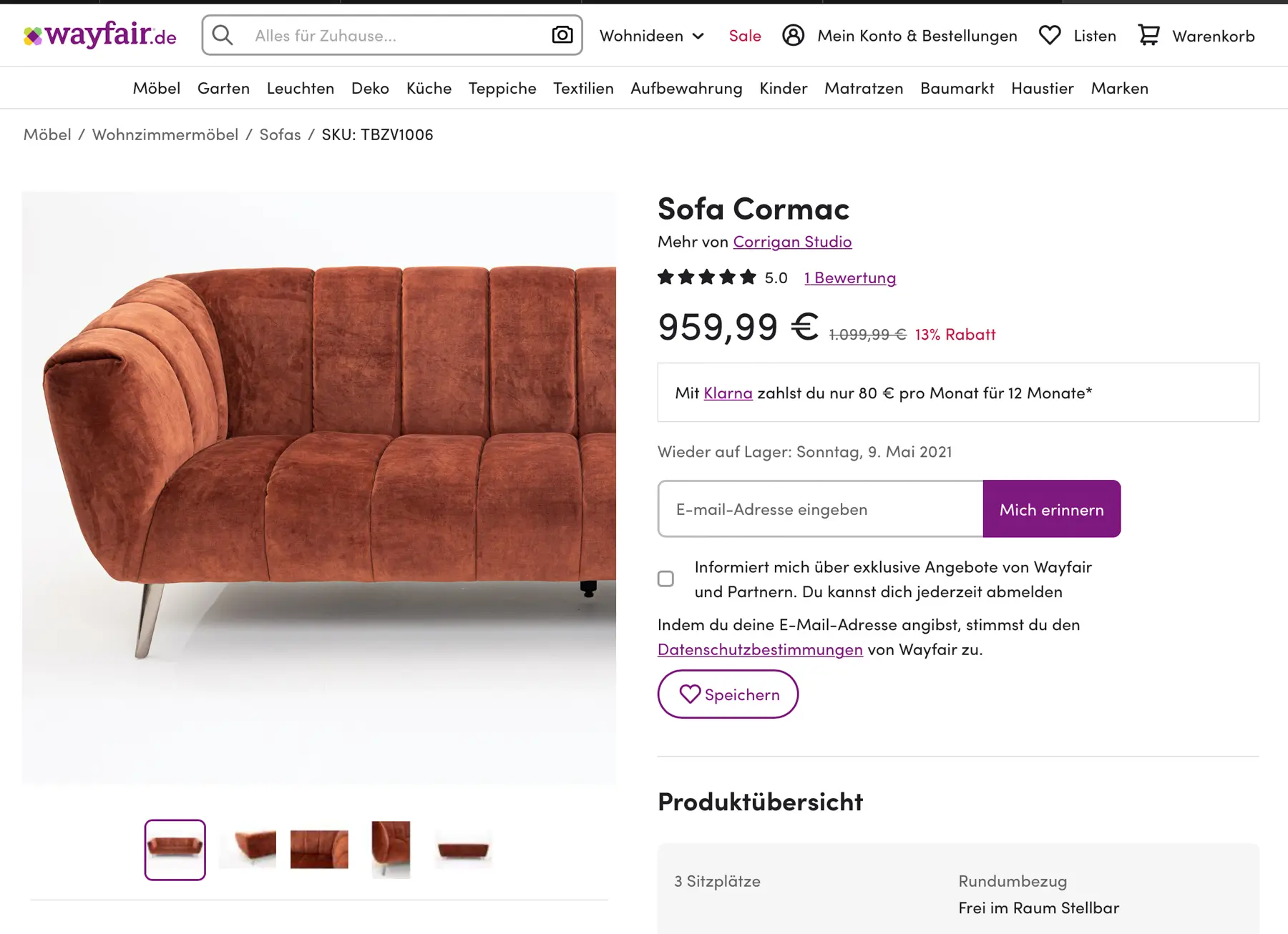 Rostfarbenes Sofa "Cormac", 3-Sitzer, Metallbeine, 959,99 €, 13% Rabatt.